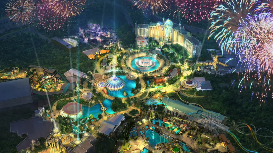 Aerial overview of the Epic Universe theme park